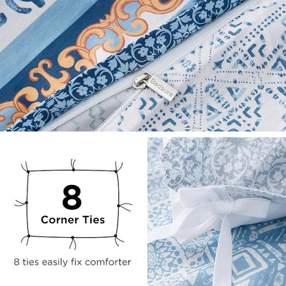 Bedsure Duvet Cover King Size - 100% Cotton Reversible Floral King Duvet Cover Set with Zipper Closure, 3 Pieces Soft & Breathable PureWoven Bohemian Blue Bedding Set with 2 Pillow Shams 20"x36"
