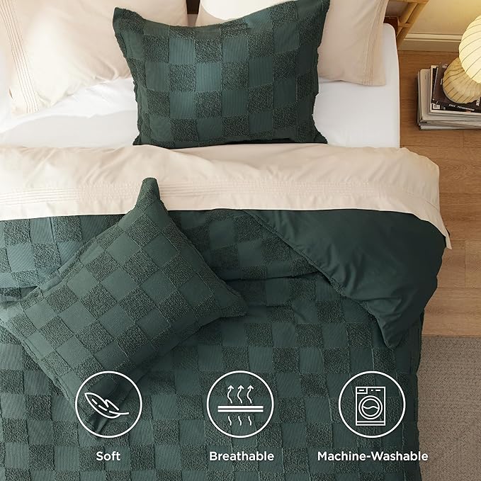 Bedsure Boho Kids Duvet Cover King Size（Duvet Insert/Comforter not Included - Checkered King Duvet Cover for All Seasons, Soft Shabby Chic Boho Bedding (Green, 104" x 90")