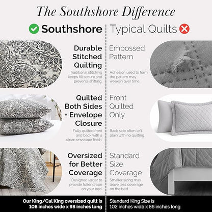 Southshore Fine Living, Inc. Ashanti Collection Oversized King Quilt Bedding Set, Soft Fabric, Lightweight Bedspread 3-Piece, Two Matching Shams (108 in Wide x 98 in Long), King/California Size, Grey