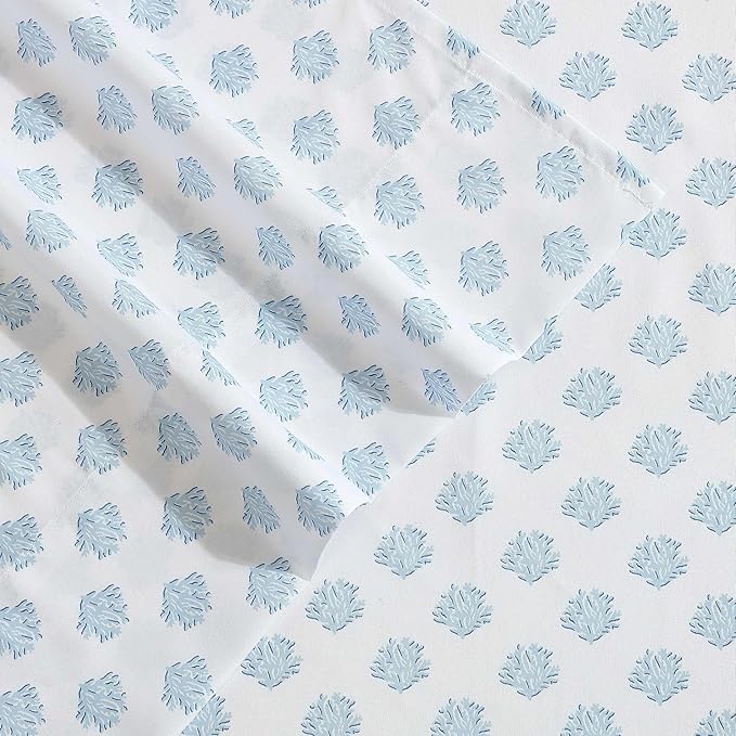 Nautica - Sheet Set, Breathable & Cooling Microfiber Bedding with Matching Pillowcases, Deep Pocket, Fully Elasticized (Coastal Coral Ocean Breeze Blue, Queen)