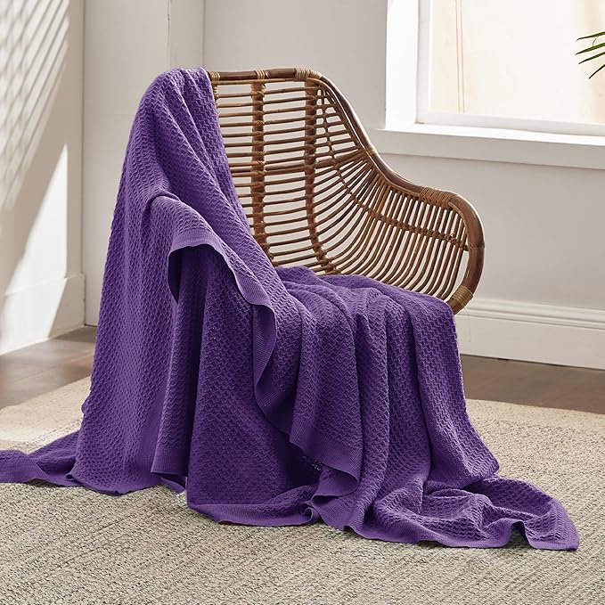 Bedsure Gentlesoft 100% Cotton Throw Blanket for Couch 50x70 inches - Breathable and Soft for Spring Summer, Waffle Weave Throw Blanket for Office, Purple
