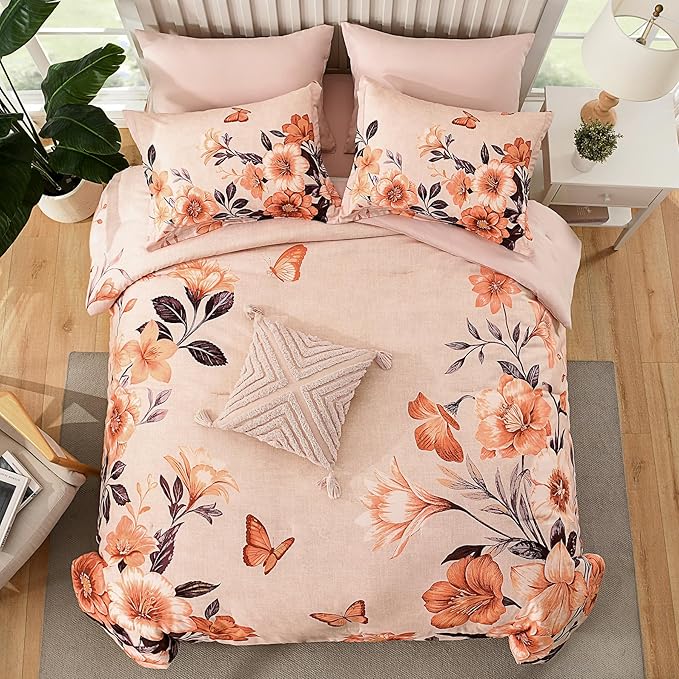 Floral King Size Comforter Set,7 Piece Orange Bed in a Bag, Elegant Flower Pattern Comforter Set with Sheet, Soft Microfiber Complete Bedding Sets for All Season