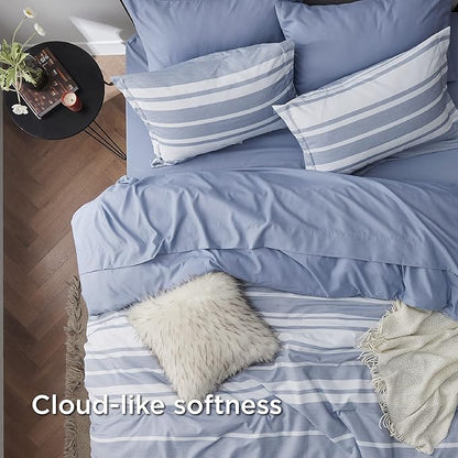 Bedsure Queen Comforter Set 7 Pieces, Blue Striped Bedding Set for All Seasons, Reversible, Cationic Dyeing Bed in a Bag with Comforter, Sheets, Pillowcases & Shams
