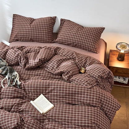 EAVD Vintage Style Burgundy Gingham Duvet Cover King 100% Washed Cotton Like Linen Feel Soft Checkered Grid Plaid Bedding Set with 2 Pillowcases Farmhouse Grid Geometric Duvet Cover with Zipper