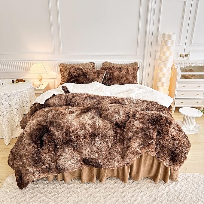 Luxury Faux Fur Shaggy Comforter Set Full/Queen Size, Plush & Sherpa Reversible Comforter Tie Dye Coffee, 3 Pieces Fluffy Fuzzy Bedding Set Ultra Soft and Warm for Winter (1 Comforter + 2 Pillowcases)