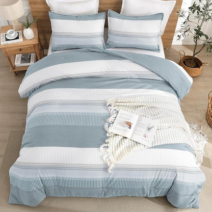 Litanika Comforter Set - Lightweight Quilt Bedding Comforter Sets, Colorblock Stripe Fluffy Bed Set, All Season Down Alternative, Queen Light Blue