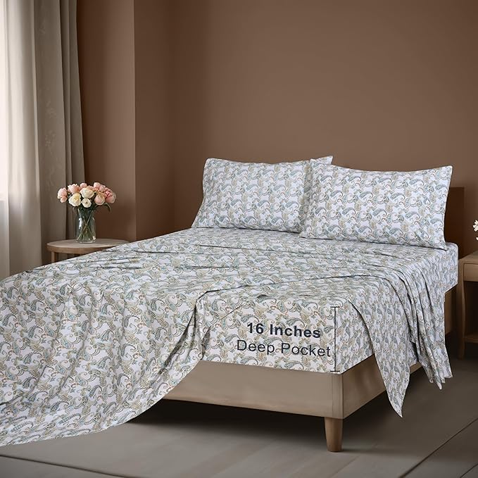 ZOYER 100% Cotton Sheets – Full Size Percale Bedding, Cooling & Breathable, Durable with a Crisp, Soft & Comfortable Feel, 16" Deep Pocket, 4-Piece Set, Paisley Ornamental