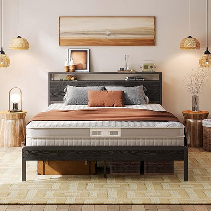 LIKIMIO Queen Bed Frame with Headboard, Dark Wood Camas Queen with Strong Supports, Sturdy, Noise-Free, No Box Spring Needed, Black
