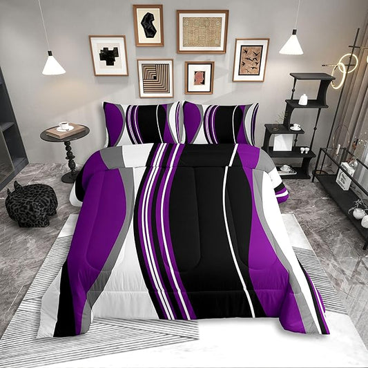 Erosebridal Purple Black Abstract King Bedding Set Grey Modern Striped Comforter Set for Adult Women Men Geometric Stripes Lines Bed Collections Contemporary Art Boho Duvet Quilt Sets for Minimalist