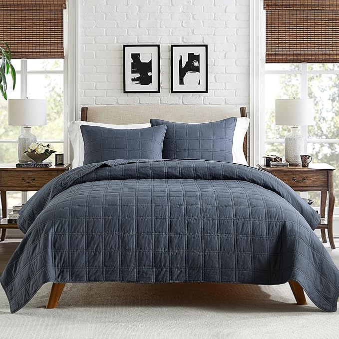 HORIMOTE HOME 100% Cotton Quilt Set King Size, Denim Blue Pre-Washed Bedspreads Coverlet Set in Geometric Pattern, Cozy Lightweight Stitching Decorative Bedding Cover with 2 Shams for All Season