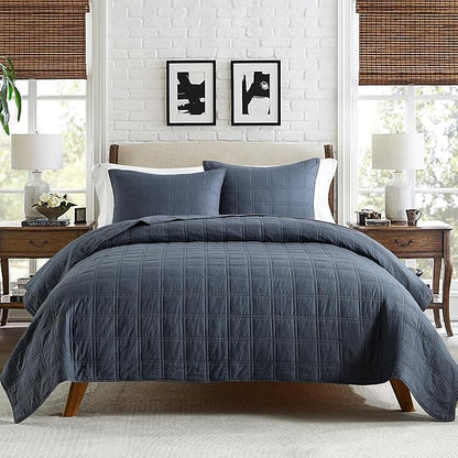 HORIMOTE HOME 100% Cotton Quilt Set King Size, Denim Blue Pre-Washed Bedspreads Coverlet Set in Geometric Pattern, Cozy Lightweight Stitching Decorative Bedding Cover with 2 Shams for All Season