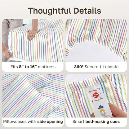 California Design Den Rainbow Striped King Size Sheets Set - 400 Thread Count, Soft Sateen, Natural 100% Cotton Sheets, Deep Pockets, and Durable Bedding Set - Rainbow Striped