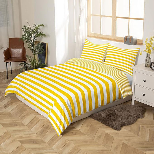 Stripe Bedding Set Yellow White Striped Comforter Set Queen Farmhouse Ticking Stripes Down Comforter Gothic Home Decor Horizontal Stripes Geometric Lines Reversible Duvet Set Kids Girls Women