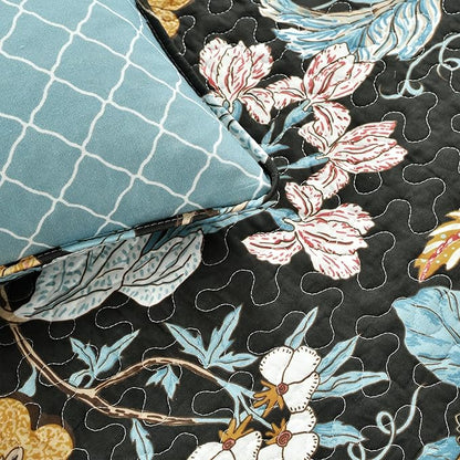 Lush Decor Sydney Reversible Cotton Quilt Set, 3 Piece Set, King, Black & Blue - Cotton Bedding Set - Black Floral Quilt - Cottage Decor - Bedding King Size