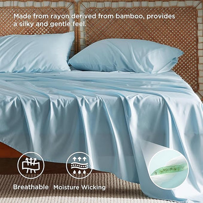 Bedsure California King Sheet Sets, Cooling Sheets, Rayon Derived from Bamboo, PureWoven, Breathable & Soft, Deep Pocket Up to 16 Inches, Hotel Luxury Silky Bedding for Hot Sleepers, Aqua