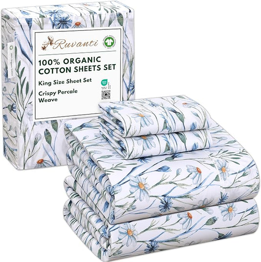RUVANTI 100% Organic Cotton Sheets King Size, Percale Weave, GOTS Certified, 4-Piece Set, Deep Pocket 15", Crisp & Breathable, Soft Durable Bedding, Sábanas Algodón Orgánico – Daisy Bud