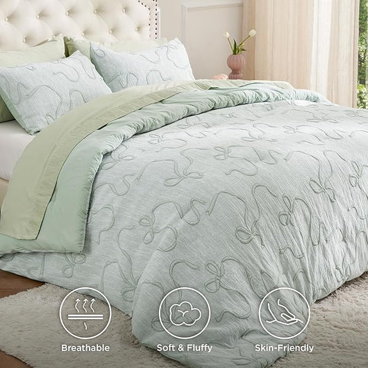 Bedsure Sage Green Comforter Set Queen, GentleSoft™ 3 Pieces Breathable Bow Comforter Set Women Girls with 2 Pillow Shams, Cute Queen Bedding Sets Room Decor Aesthetic Bedroom Decor, 90x90 Inches