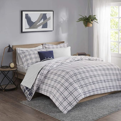 Madison Park Essentials Cozy Bed in A Bag - Reversible Comforter with Complete Sheet Set, Casual Plaid Cabin Design, All Season Cover, Decorative Pillow, Patrick Plaid Navy King(104"x92") 8 Piece