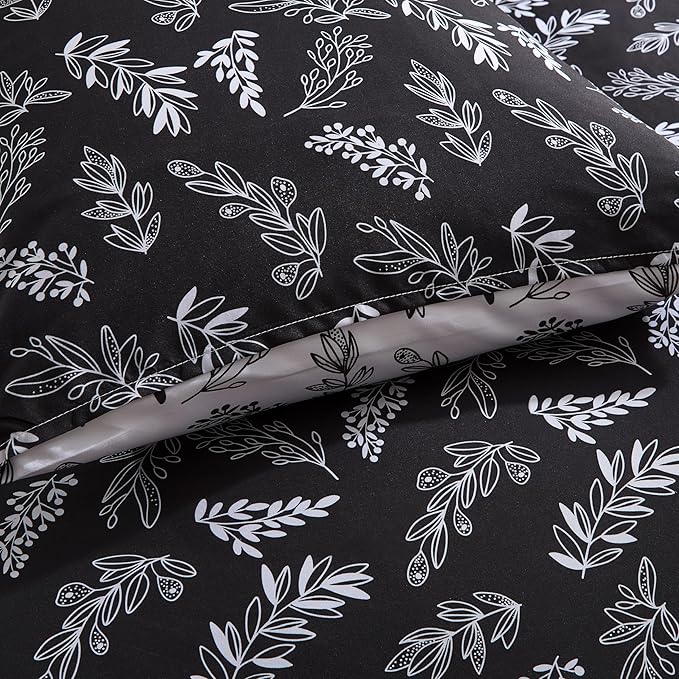 Nestl Queen Comforter Set - Black Bed in a Bag Queen Size, 3 Pieces Reversible Bed Set, Soft Floral Bedding Set, All Season Botanical Comforters with Pillow Shams
