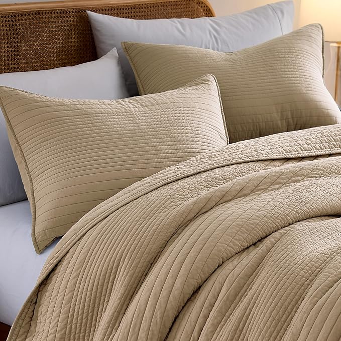 palassio Striped Dark Beige 100% Cotton Quilt Twin Size Bedding Sets, Lightweight Crinkly Channel Pick Stitch Textured Bedspread Soft Shabby Chic Farmhouse Country Coverlet for All Season, 1 Sham