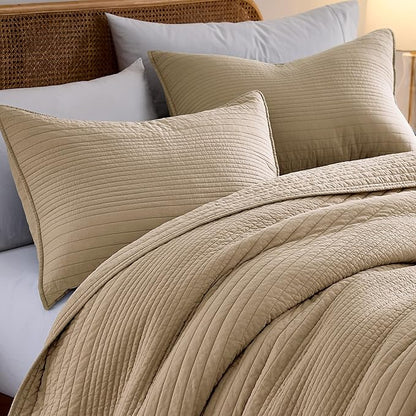 palassio Striped Dark Beige 100% Cotton Quilt Twin Size Bedding Sets, Lightweight Crinkly Channel Pick Stitch Textured Bedspread Soft Shabby Chic Farmhouse Country Coverlet for All Season, 1 Sham