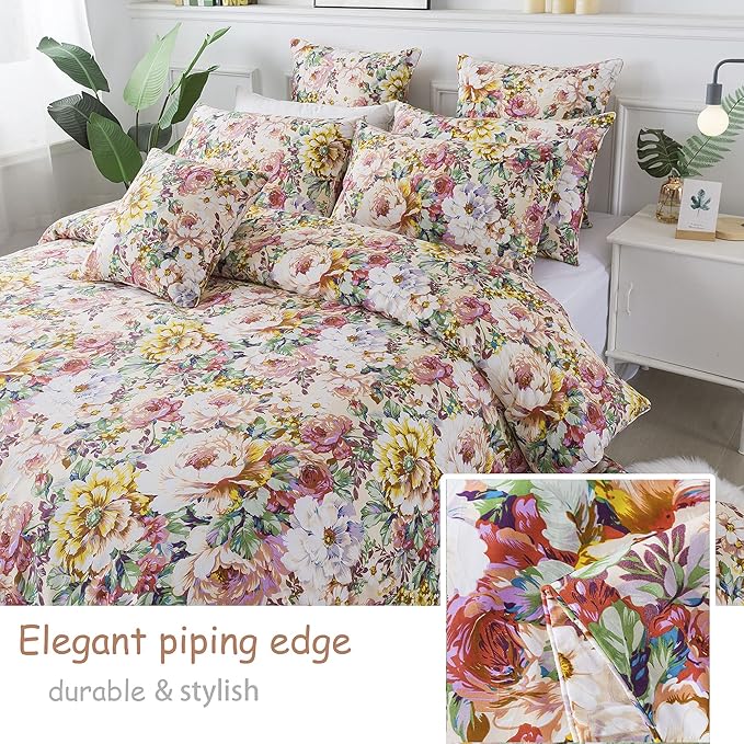 FADFAY Garden Floral Bedding Set Queen 100% Cotton 600 TC Shabby Vintage Duvet Cover Salmon Pink Large Flower Cottagecore Bedding Romantic Peony Zipper Corner Ties 3 Pcs- No Filling