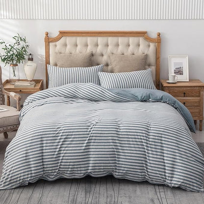 PURE ERA Jersey Knit Duvet Cover Set 100% T-Shirt Heather Cotton Super Soft Comfy Classic Striped Design, with Zipper Closure, Heather Blueish Grey Stripe, Queen