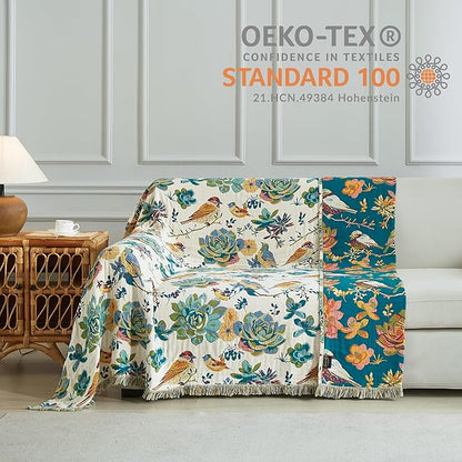Boho Throw Blanket for Bed 60”x80”, 100% Cotton Woven Blanket for Couch Sofa, Ultra Soft 4-Layer Muslin Quilt with Floral Printed, Farmhouse Bed Blanket/Cover for Living Room Decor