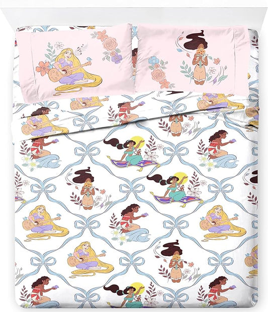 Jay Franco Kids Sheet Set with Fitted, Flat Sheets & Pillow Cover - Ultra-Soft Bedding with Pillowcase for Room Decor, White – Disney Princess, 4 Piece Full