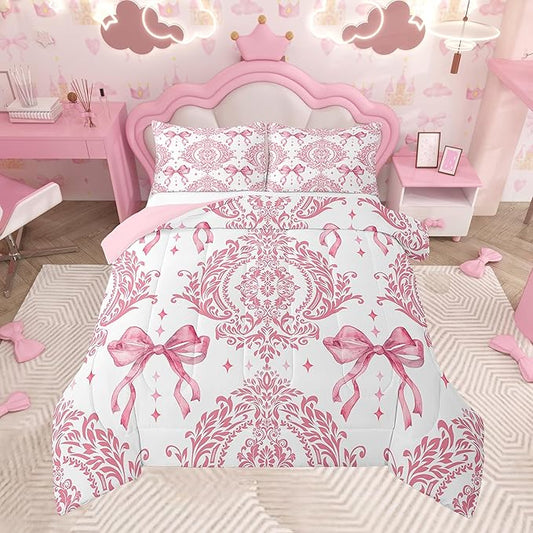 Feelyou Girls Pink Bowknot Comforter Set Twin Size Gothic Damask Comforter Victorian-Themed Bedding Set Baroque Duvet Set Vintage Floral Quilt Set 2Pcs