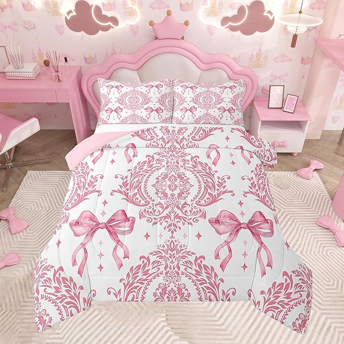 Feelyou Girls Pink Bowknot Comforter Set Queen Size Gothic Damask Comforter Victorian-Themed Bedding Set Baroque Duvet Set Vintage Floral Quilt Set 3Pcs