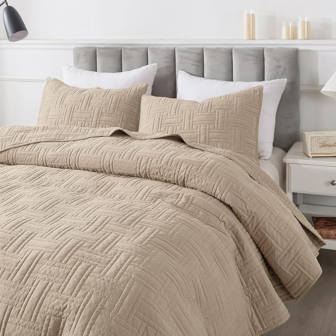 Beige Quilt Queen Size Bedding Sets with Pillow Shams, Cream Tan Lightweight Soft Bedspread Coverlet, Basket Weave Quilted Blanket Thin Comforter Bed Cover for All Season, 3 Pieces, 90x90 inches