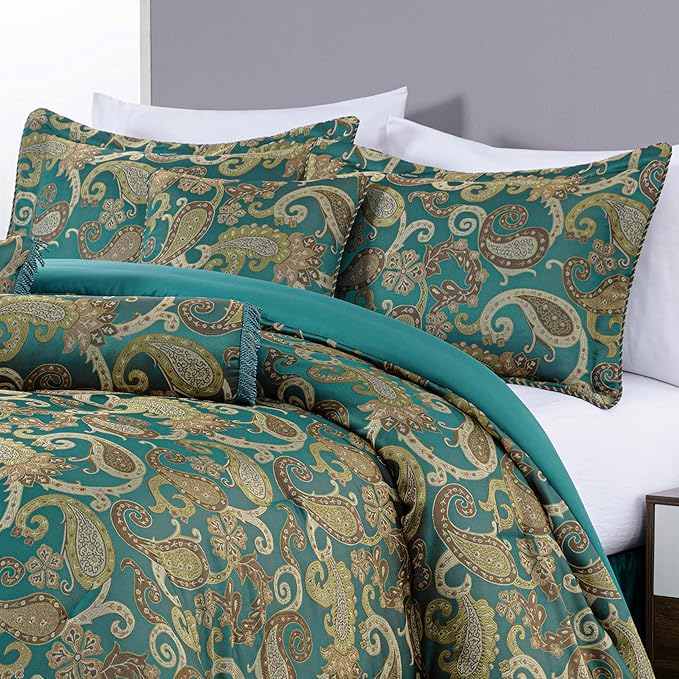 Chezmoi Collection Adelle 7-Piece Paisley Jacquard Embroidered Comforter Bedding Set, Queen, Teal