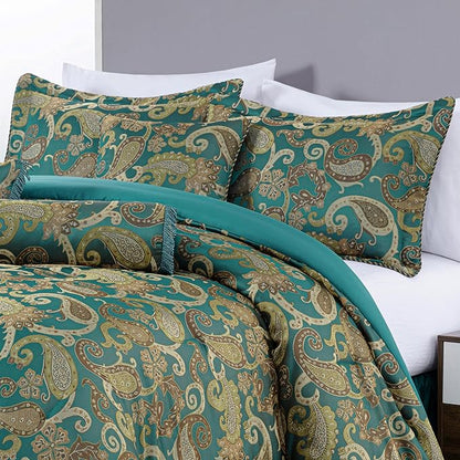 Chezmoi Collection Adelle 7-Piece Paisley Jacquard Embroidered Comforter Bedding Set, Queen, Teal