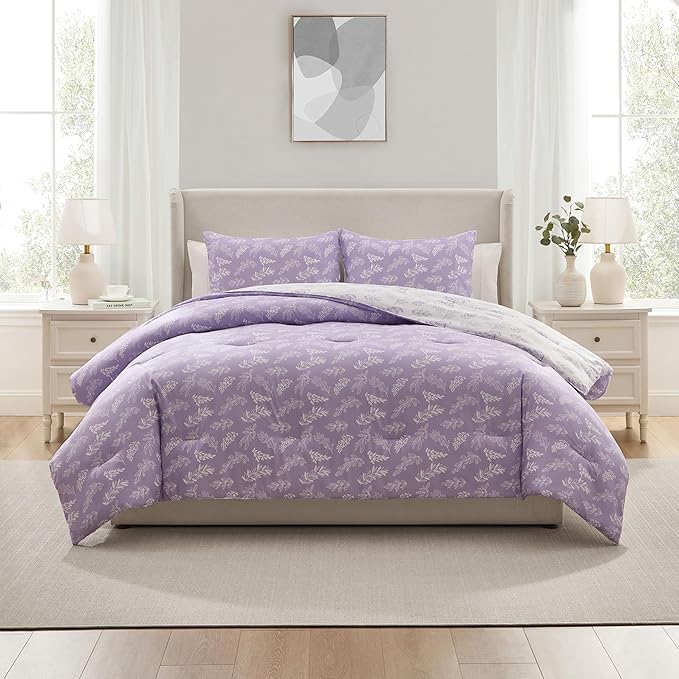 Nestl Full Size Comforter Sets - Lavender Bed in a Bag Full Size, 3 Pieces Reversible Bed Set, Soft Floral Bedding Set, All Season Botanical Comforters with Pillow Shams