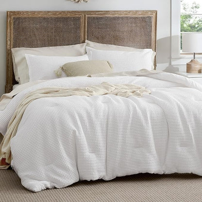 Bedsure Waffle Comforter Set Queen, White Soft Bedding, Waffle Weave Bed Set, 3 Pieces, 1 Comforter (90"x90") and 2 Pillow Shams, Cotton Shell and Polyester Lining for All Seasons