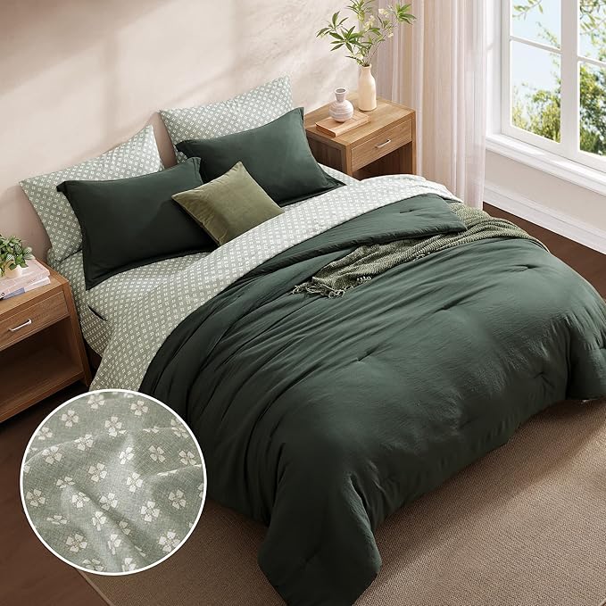 Monbix Oversized Queen Size Comforter Set - 7 Pieces Deep Forest Prewashed Bed in a Bag Bedding Sets with Comforters, All Seasons Ultra Soft Comforter Bed Set with Sheets, Pillowcases & Shams