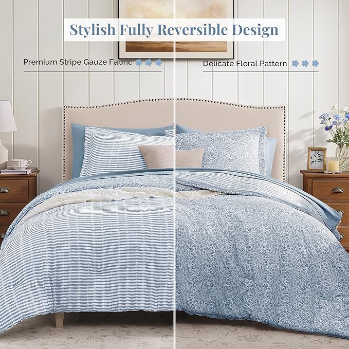 King Comforter Set - 7 Pieces Blue Gauze Muslin Bedding Sets for All Seasons, Lightweight Breathable Bed in a Bag King with Revesible Farmhouse Comforter, Sheets, Pillowcases & Shams