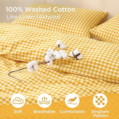 TOCOMOA Yellow Gingham Duvet Cover Bedding Set 100% Washed Cotton Like Linen Feel Super Soft Comfortable 3 Piece Vintage Plaid Checkered Comforter Cover Set (King 104"x90", Comforter Not Included)