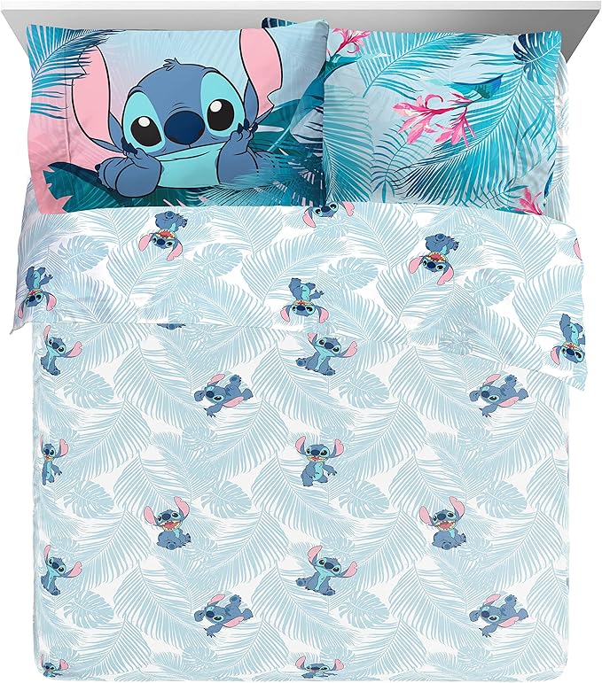 Jay Franco Disney Lilo & Stitch Floral Fun 7 Piece Queen Bed Set - Includes Reversible Comforter & Sheet Set Bedding - Super Soft Fade Resistant Microfiber - (Official Disney Product)