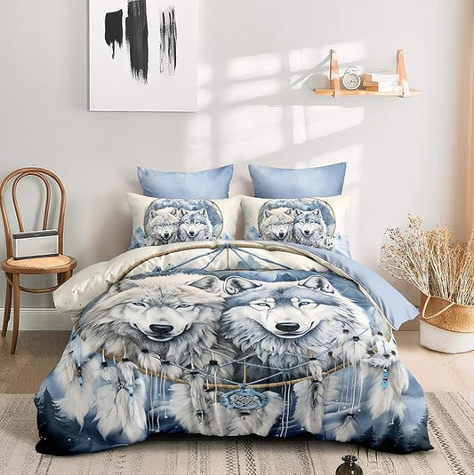 Grey Wolf Comforter Set King Size,Grey and White Dreamcatcher Soft Bedding for Adult,Wild Animal Print Lightweight Microfiber Comforter with 2 Pillowcases/104 * 90