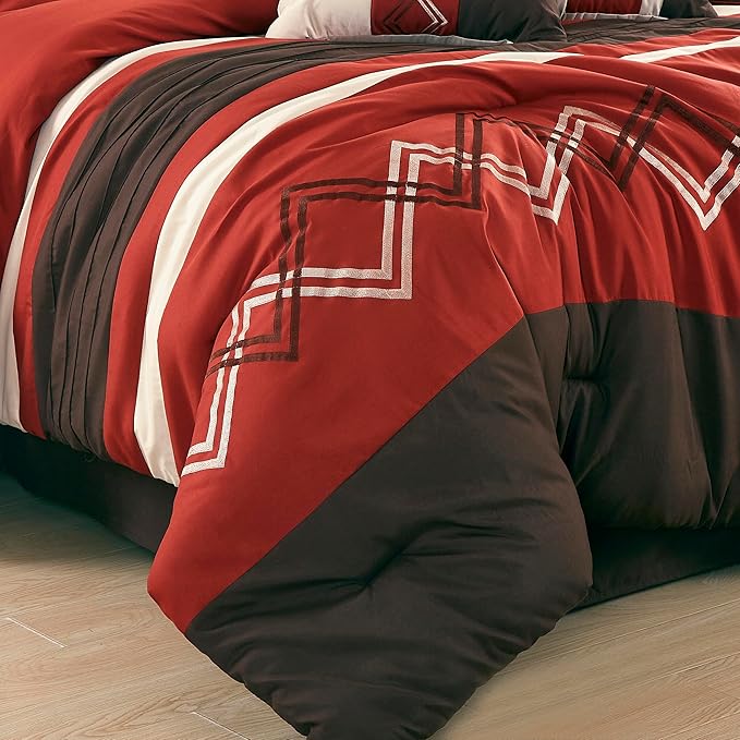 Chezmoi Collection Arden 7-Piece Modern Pleated Stripe Embroidered Zigzag Bedding Comforter Set (King, Spice/Brown/Coffee Cream)