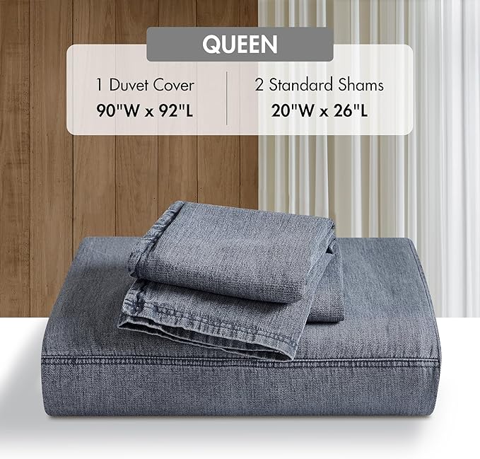 Woolrich Queen Duvet Cover Set Cotton Stone Washed, Oversized Duvet Cover for Queen Size Bed, All Season Soft Queen Size Bedding Cover, McKenzie, Full/Queen Blue 3 Piece