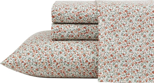 Laura Ashley - King Sheets, Cotton Percale Bedding Set, Lightweight & Breathable Home Decor (Emogene Burnt Orange, King)