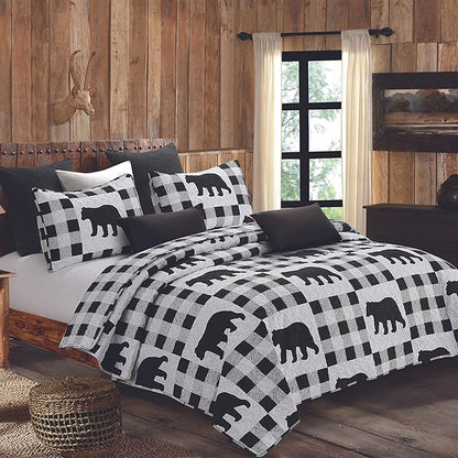 Virah Bella 3 Piece King Lodge Quilt Bedding Set - Buffalo Bear Plaid Black - Rustic Cabin Country Reversible Camping Comforter Set with Decorative Pillow Shams, Black/White