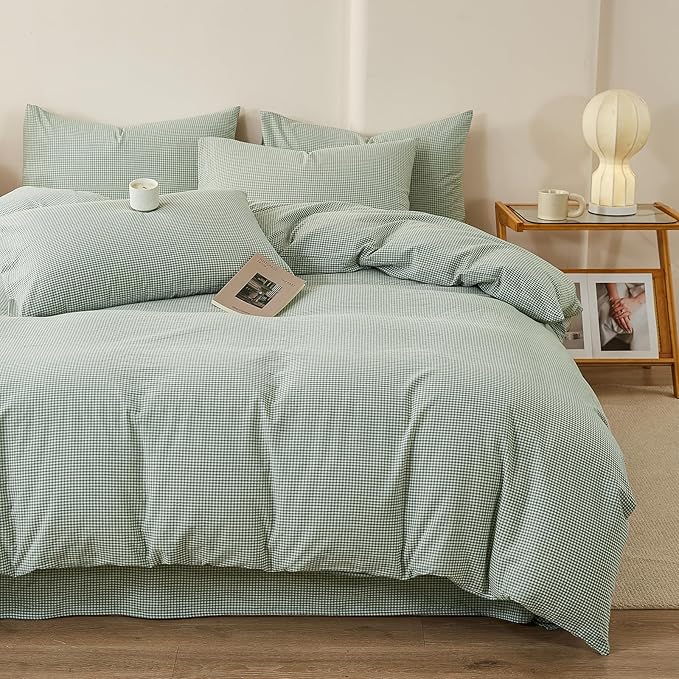 EAVD Sage Green Gingham Duvet Cover Queen Soft 100% Washed Cotton Modern Green and White Plaid Duvet Cover with 2 Pillowcases Reversible Checkered Plaid Bedding Set with Zipper Closure