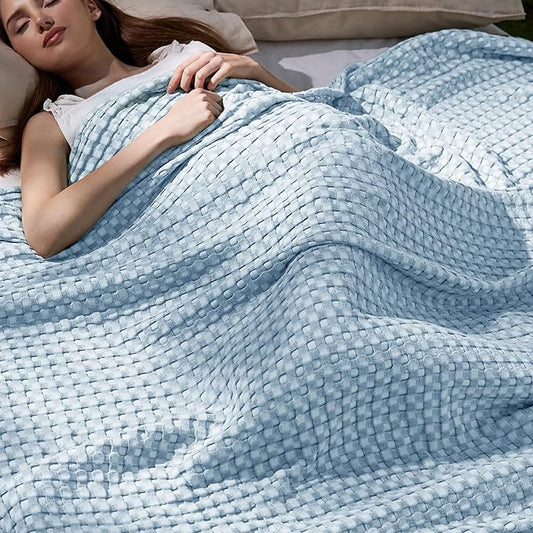 Bedsure Cooling Cotton Waffle King Size Blanket - Lightweight Breathable Blanket of Rayon Derived from Bamboo for Hot Sleepers, Luxury Throws for Bed, Couch and Sofa, Light Blue, 104x90 Inches