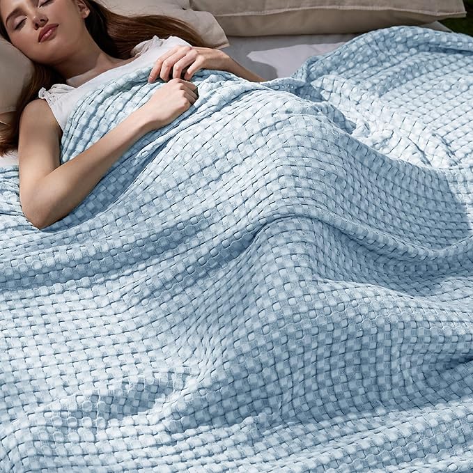Bedsure Cooling Cotton Waffle Queen Size Blanket - Lightweight Breathable Blanket of Rayon Derived from Bamboo for Hot Sleepers, Luxury Throws for Bed, Couch and Sofa, Light Blue, 90x90 Inches