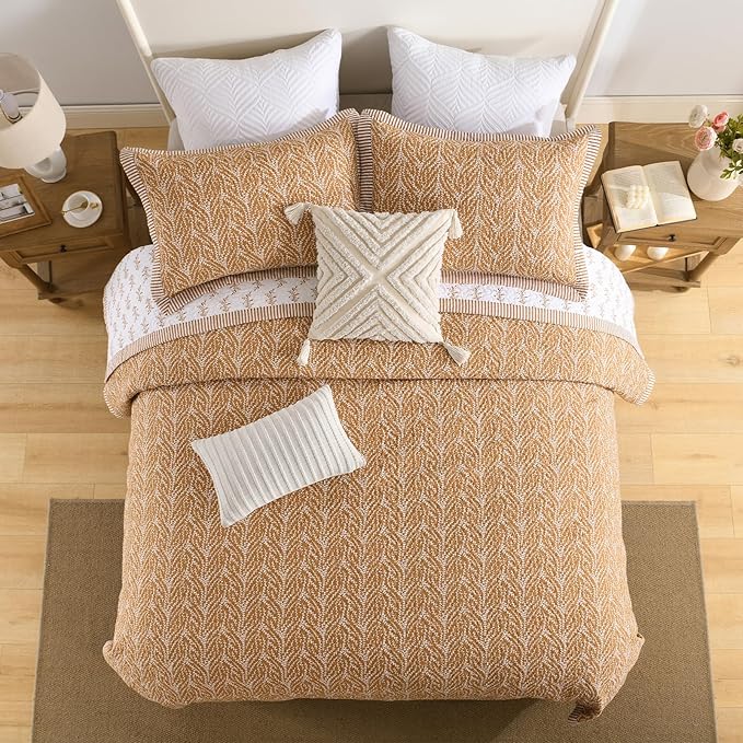 SahSahCasa Quilt Set King Size, 100% Cotton Quilt Bedding Set Bedspread, Botanical Pattern Solid Color Chic Lightweight Quilted Comforter for King Bed, White/Caramel, All Season, 3pcs