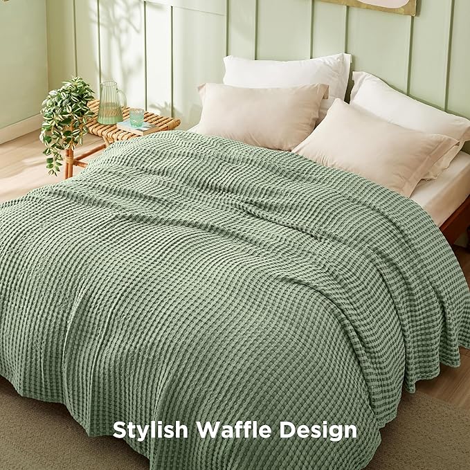 Bedsure Cooling Cotton Waffle King Size Blanket - Lightweight Summer Blanket of Rayon Derived from Bamboo for Hot Sleepers, Luxury Throws for Bed, Couch and Sofa, Sage Green, 104x90 Inches